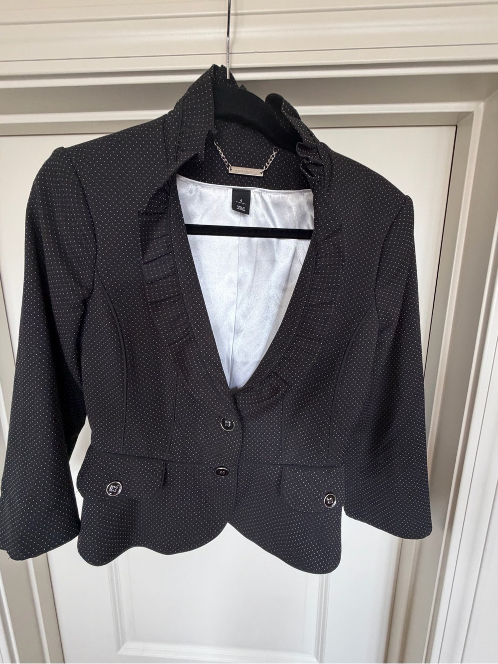 White House Black Market Black Pin-dot Ruffle-Trim Blazer